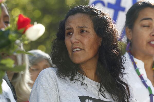 File - Jeanette Vizguerra, a Mexican immigrant who has lived in a church to avoid immigration authorities for the past three months, speaks after leaving the church early Friday, May 12, 2017, in downtown Denver.(AP Photo/David Zalubowski, File)