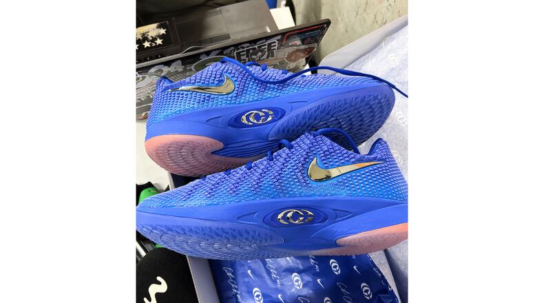 WNBA basketball player Caitlin Clark's signature Nike shoe is shown Sept. 10, 2026, in Berlin, Germany. (AP Photo/Doug Feinberg)