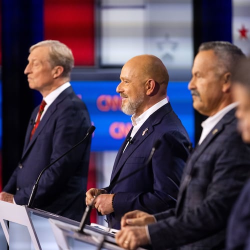 From left to right, Tom Steyer, Steve Hilton, Chad Bianco and Matt Mahan participate in a California gubernatorial debate hosted by CNN at East Los Angeles College in Monterey Park, Calif. Tuesday, May 5, 2026. (AP Photo/Ethan Swope)