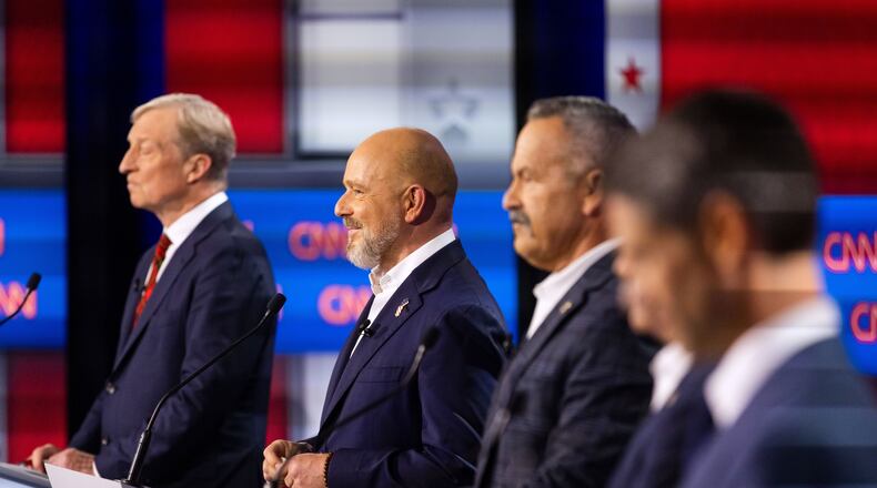 From left to right, Tom Steyer, Steve Hilton, Chad Bianco and Matt Mahan participate in a California gubernatorial debate hosted by CNN at East Los Angeles College in Monterey Park, Calif. Tuesday, May 5, 2026. (AP Photo/Ethan Swope)