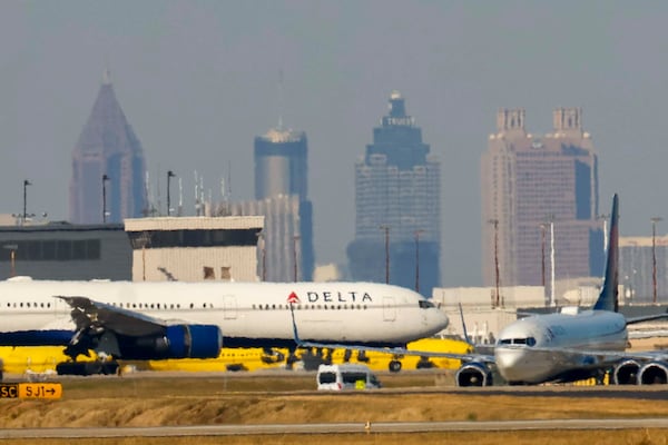 A Delta Airlines airplanes position for departure at Hartsfield-Jackson Atlanta International Airport on Thursday, Nov. 6, 2025. Atlanta is among the airports where the FAA will reduce flights due to the shutdown. Airports also are facing a shortage of air traffic controllers.
(Miguel Martinez/ AJC)
