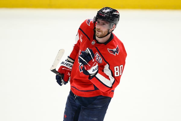 Washington Capitals left wing Pierre-Luc Dubois celebrates after his goal during a shootout of an NHL hockey game against the Carolina Hurricanes, Thursday, April 10, 2025, in Washington. (AP Photo/Nick Wass)