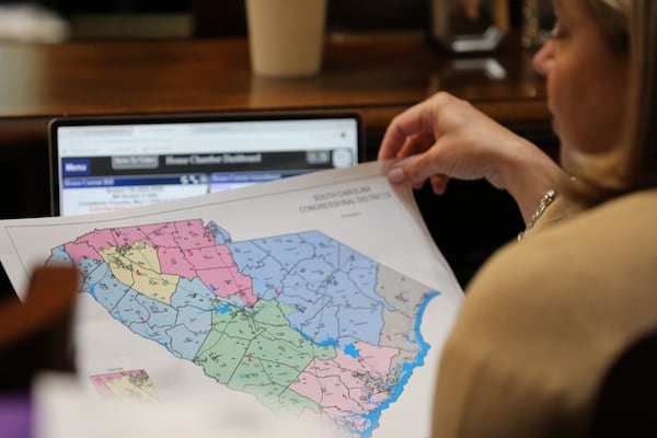 Republican South Carolina Rep. Jackie Terribile looks at a proposed map of new U.S. House districts for South Carolina on Thursday, May 7, 2026, in Columbia, S.C. (Jeffrey Collins/AP)
