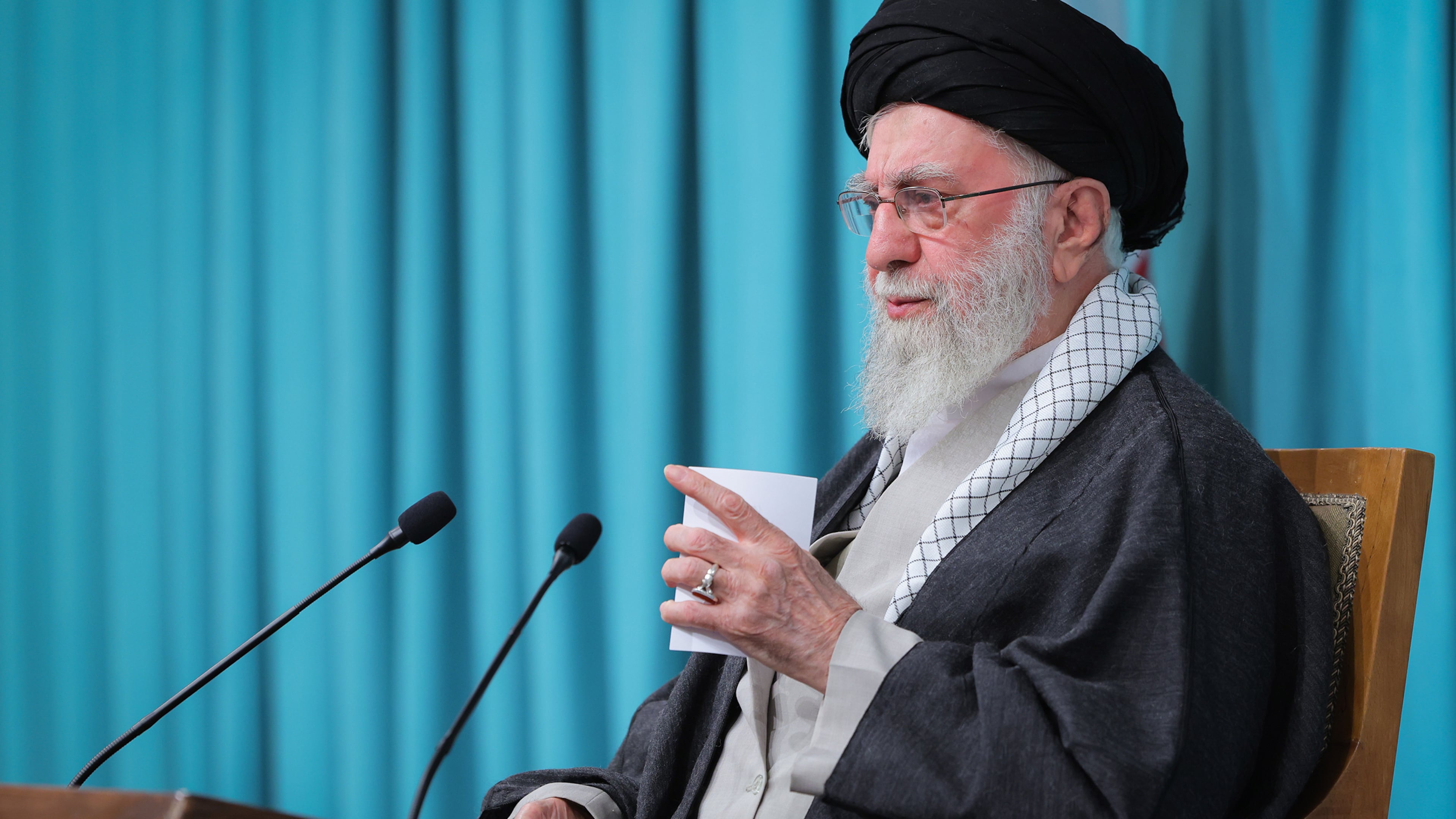 In this photo released on Tuesday, Sept. 23, 2025, by an official website of the office of the Iranian supreme leader, Supreme Leader Ayatollah Ali Khamenei speaks in a televised speech. (Office of the Iranian Supreme Leader via AP)