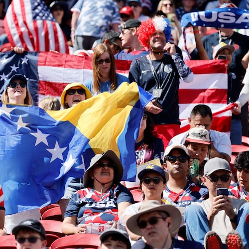Spectators fill the stadium ahead of the World Cup Round of 32 match between USA and Bosnia and Herzegovina at the San Francisco Bay Area Stadium in Santa Clara, Calif. on Wednesday, July 01, 2026. (Santiago Mejia/San Francisco Chronicle via AP)