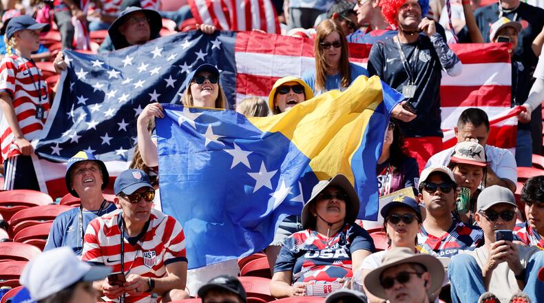 Spectators fill the stadium ahead of the World Cup Round of 32 match between USA and Bosnia and Herzegovina at the San Francisco Bay Area Stadium in Santa Clara, Calif. on Wednesday, July 01, 2026. (Santiago Mejia/San Francisco Chronicle via AP)