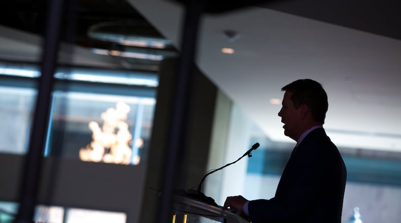 Georgia Gov. Brian Kemp gives his remarks at the grand opening of Coda, the latest addition to Technology Square, at 756 West Peachtree Street Northwest in downtown Atlanta, Ga., on Thursday, May 23, 2019. (Casey Sykes for The Atlanta Journal-Constitution)