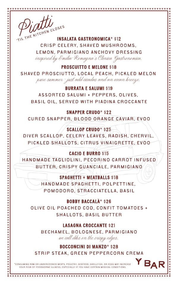 See the piatti menu for Y Bar e Ristorante in Buckhead Village. (Courtesy of Y Bar e Ristorante)