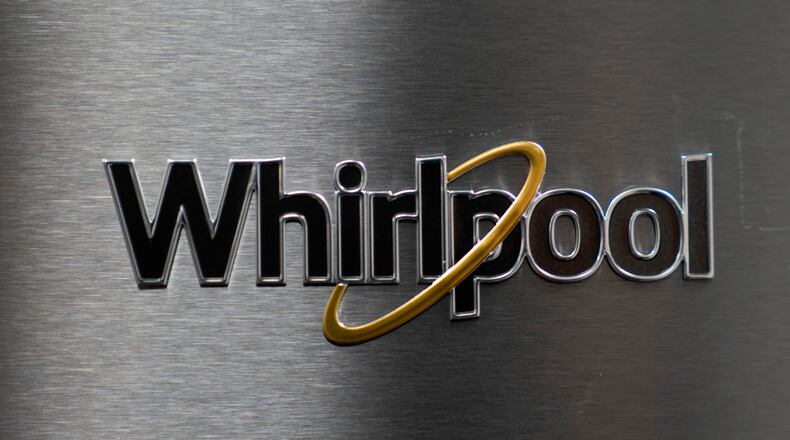 FILE - A logo for Whirlpool is seen at Riegelmann's Appliance on April 3, 2025, in Gresham, Ore. (AP Photo/Jenny Kane, File)