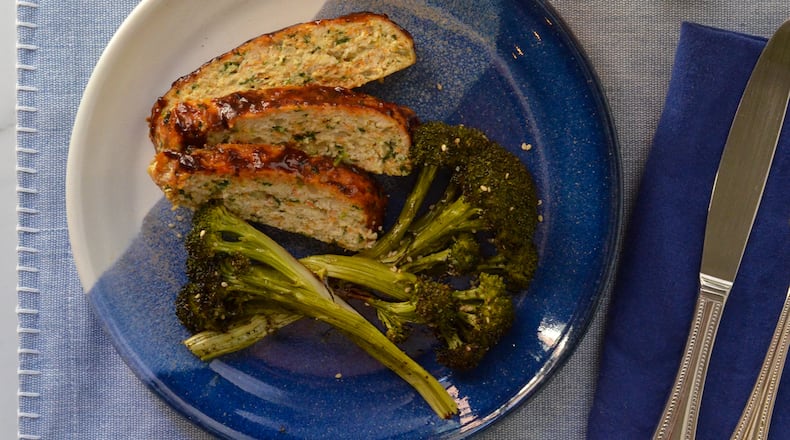 Hoisin-glazed turkey meatloaf with roasted broccoli is a good and good for you sheet pan supper. (Styling by Lynne Sawicki / Virginia Willis for the AJC)