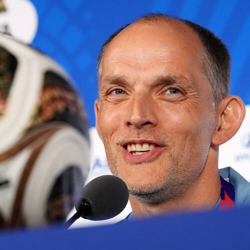 England head coach Thomas Tuchel speaks during a press conference on the eve of England's World Cup semifinal soccer match against Argentina, in Atlanta, Tuesday, July 14, 2026. (AP Photo/Rebecca Blackwell)