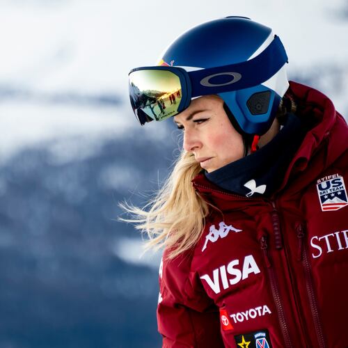 Lindsey Vonn of the United States before the women's Downhill training race at the Alpine Skiing FIS Ski World Cup in St. Moritz, Switzerland, Wednesday, Dec. 10, 2025. (Jean-Christophe Bott/Keystone via AP)