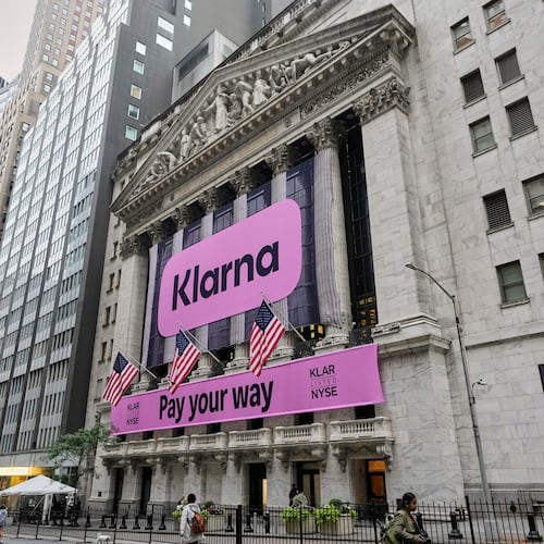FILE - The facade of New York Stock Exchange displays signage for Sweden's Klarna, Sept. 10, 2025. (AP Photo/Richard Drew, File)