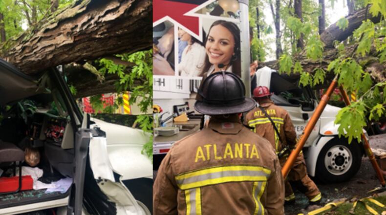 A tree crushed a box truck in Atlanta on Friday.