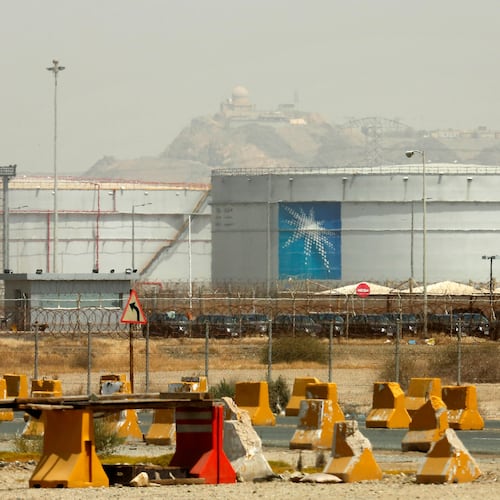 FILE - Storage tanks are seen at the North Jeddah bulk plant, an Aramco oil facility, in Jeddah, Saudi Arabia, on March 21, 2021. (AP Photo/Amr Nabil, File)