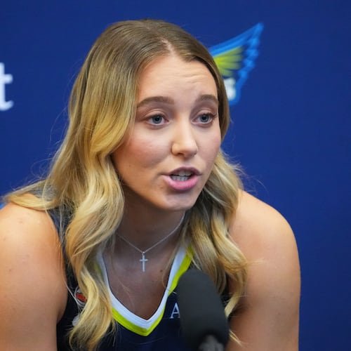 Dallas Wings' Paige Bueckers speaks to reporters during the team's WNBA basketball media day Monday, April 27, 2026, in Arlington, Texas. (AP Photo/Julio Cortez)