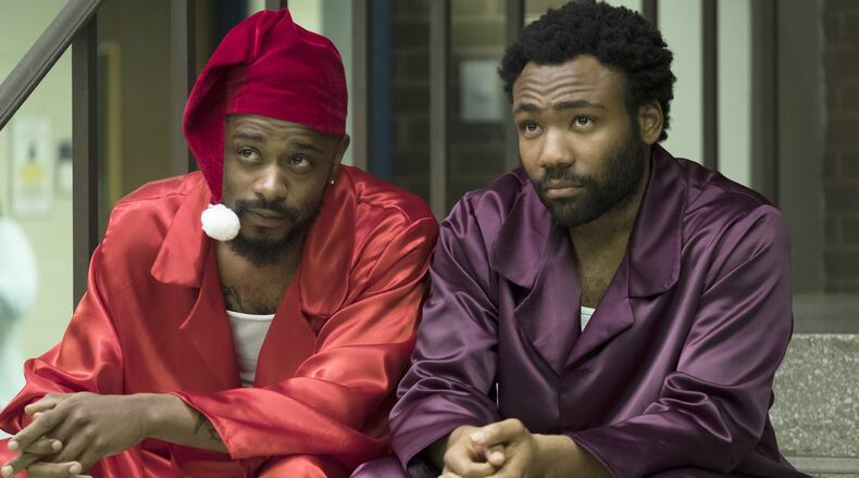 Lakeith Stanfield, left, and Donald Glover star in “Atlanta.” Glover is nominated in multiple categories for the series. Contributed by Guy D’Alema/FX