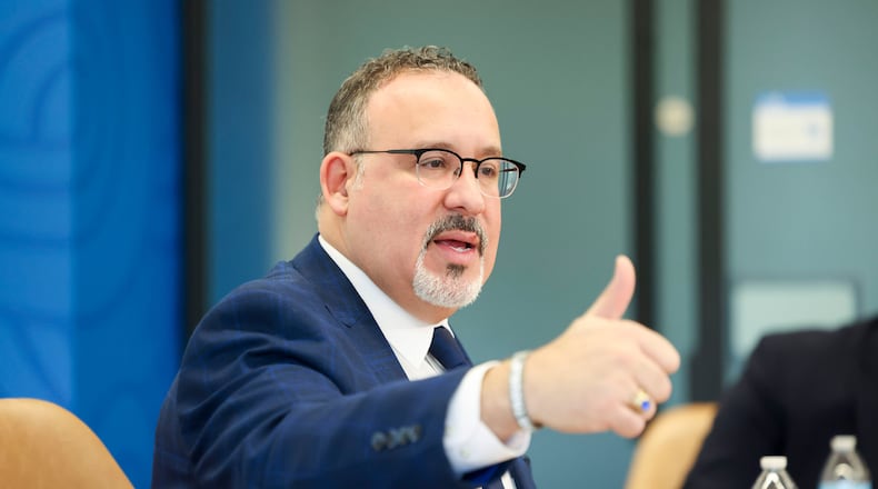 U.S. Secretary of Education Miguel Cardona meets Atlanta Journal-Constitution reporters and editors for an editorial board meeting at Cox Headquarters on Jan. 16, 2024, in Atlanta. Cardona announced 10 Georgia schools made the 2024 list of Blue Ribbon schools for their academic performance. (Jason Getz/The Atlanta Journal-Constitution/TNS)