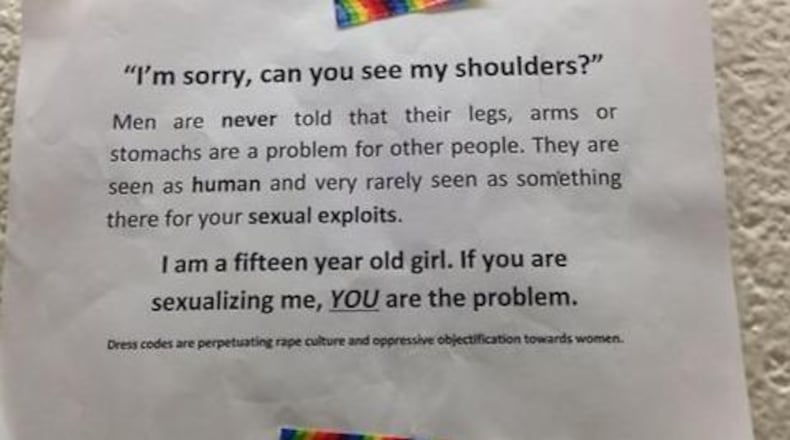 Students are rising up against dress codes that single out girls and hold them accountable for what boys may think or do. This is a sign that girls posted in one high school to protest sexist dress codes. (AJC file photo)