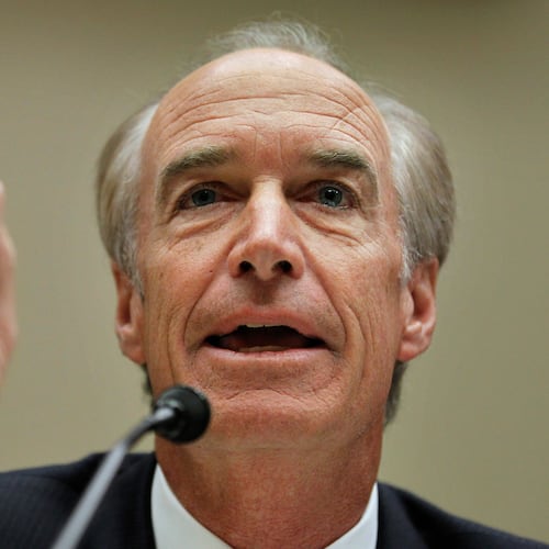 FILE - Department of the Interior Former Secretary Dirk Kempthorne, testifiesduring a joint House Subcommittees' hearing of Oversight and Investigations, and of Energy and Environment, regarding the role of the Interior Department in the Deepwater Horizon disaster, on Capitol Hill in Washington, Tuesday, July 20, 2010. (AP Photo/Manuel Balce Ceneta, File)