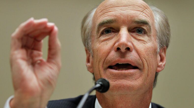 FILE - Department of the Interior Former Secretary Dirk Kempthorne, testifiesduring a joint House Subcommittees' hearing of Oversight and Investigations, and of Energy and Environment, regarding the role of the Interior Department in the Deepwater Horizon disaster, on Capitol Hill in Washington, Tuesday, July 20, 2010. (AP Photo/Manuel Balce Ceneta, File)