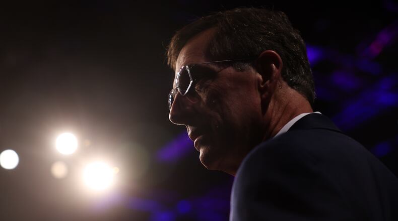 Republican candidate for governor Brad Raffensperger, Georgia's Secretary of State, appears before the Atlanta Press Club Loudermilk-Young debate at Georgia Public Broadcasting in Atlanta on April 27, 2026. (Arvin Temkar/Atlanta Journal-Constitution via AP)