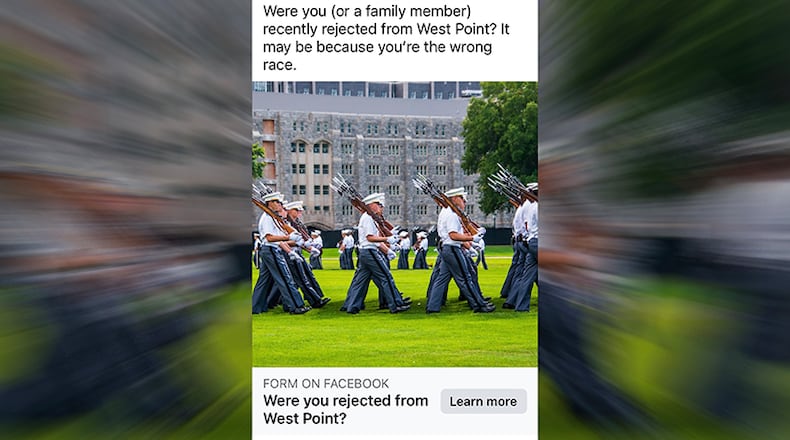 An ad on Facebook from an organization that won a Supreme Court case on using race in admissions. West Point is apparently next on the list