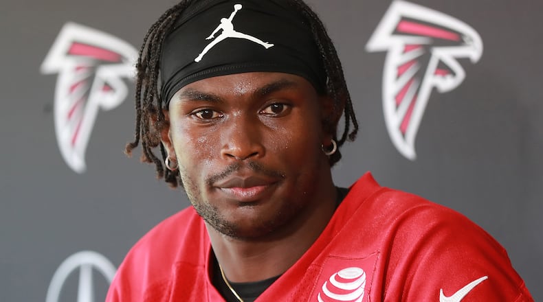 Falcons star wide receiver Julio Jones talks about his ongoing contract negotiations during the third day of training camp on Wednesday, July 24, 2019, in Flowery Branch.