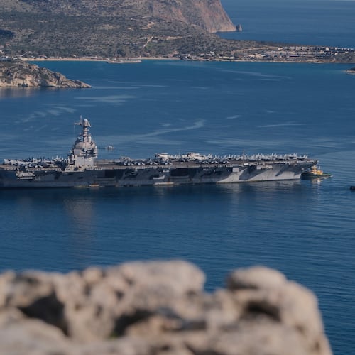 FILE - The USS Gerald R. Ford departs from Souda Naval Base near Chania on the island of Crete, Greece, Feb. 26, 2026. (AP Photo/Giannis Angelakis, File)