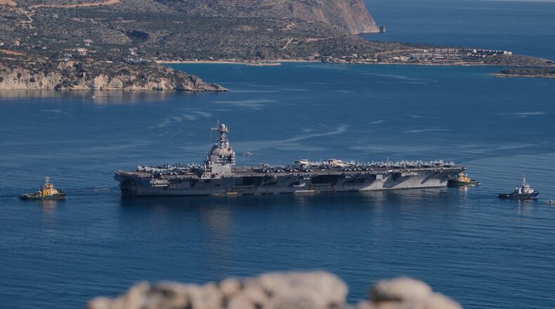 FILE - The USS Gerald R. Ford departs from Souda Naval Base near Chania on the island of Crete, Greece, Feb. 26, 2026. (AP Photo/Giannis Angelakis, File)