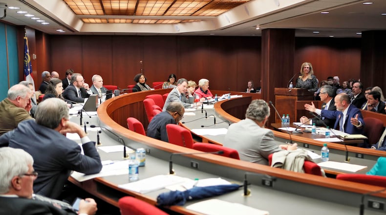 2/19/19 - Atlanta - Rep. Barry Fleming (right), R - Harlem, seated next to Secretary of State Brad Raffensperger, presents the bill. The Governmental Affairs Elections Subcommittee, chaired by Rep. Alan Powell, held the first hearing of House Bill 316, which would change the state's voting system. Bob Andres / bandres@ajc.com