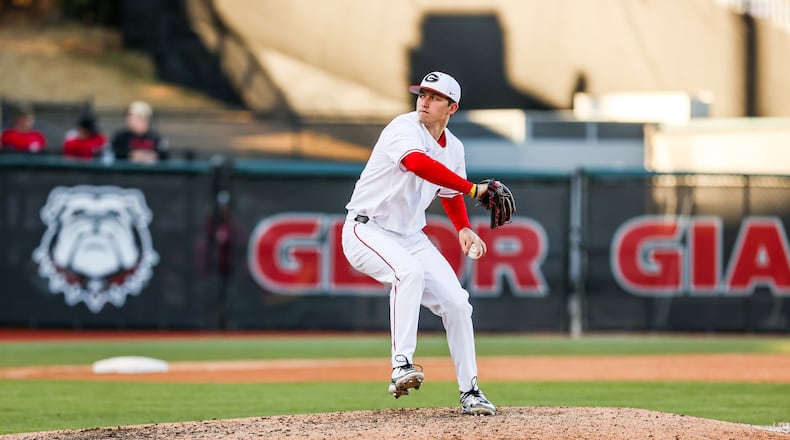 Georgia pitcher Luke Wagner (27), pitching against Lipscomb on Sunday, March 13, 2022, will take over as the Bulldogs Saturday starter against Mississippi State this weekend. (Photo by Tony Walsh/UGA Athletics)
