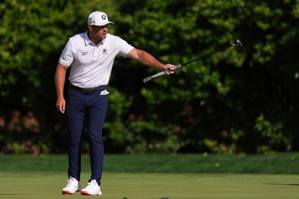 Bryson DeChambeau reacts after missing a putt on the 11th hole during the third round at the Masters golf tournament, Saturday, April 12, 2025, in Augusta, Ga. (AP Photo/Matt Slocum)