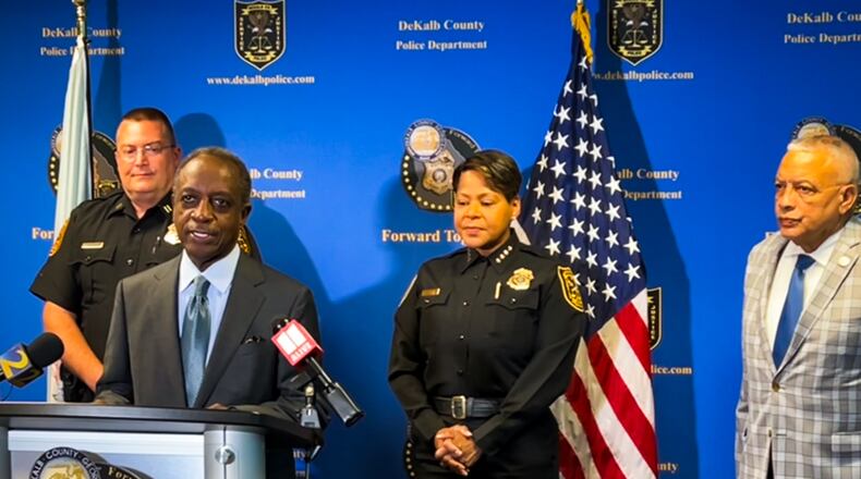 DeKalb County leaders held a news conference about gun safety Thursday morning, including CEO Michael Thurmond (left, speaking), police Chief Mirtha Ramos (center) and Public Safety Director Jack Lumpkin.