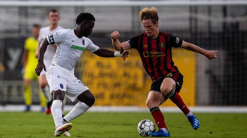 Atlanta United 2 forward Jackson Conway (36) dribbles the ball during the first half of a USL match against Memphis 901 FC Saturday, July 18, 2020, at Fifth-Third Bank Stadium in Kennesaw. (Dakota Williams/Atlanta United)