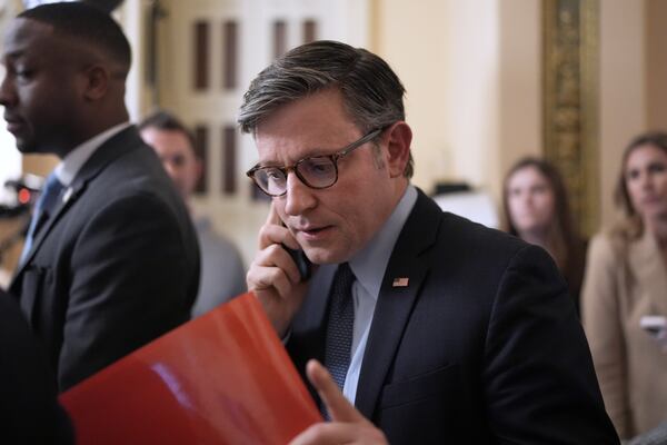 Speaker of the House Mike Johnson, R-La., leaves the chamber after an essential procedural vote passed in the House to advance President Donald Trump's top domestic priorities on spending reductions and tax breaks, at the Capitol in Washington, Wednesday, April 9, 2025. (AP Photo/J. Scott Applewhite)