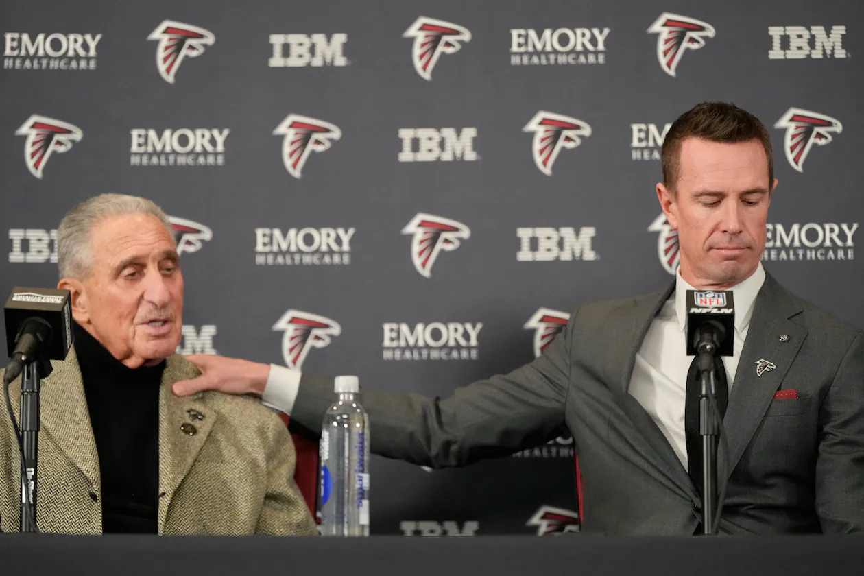 Falcons owner Arthur Blank (left) attends a news conference with the organization’s new president of football Matt Ryan on Tuesday, Jan. 13, 2026, in Flowery Branch. The team has plans to interview four candidates for its open general manager position, according to multiple reports. (Brynn Anderson/AP)
