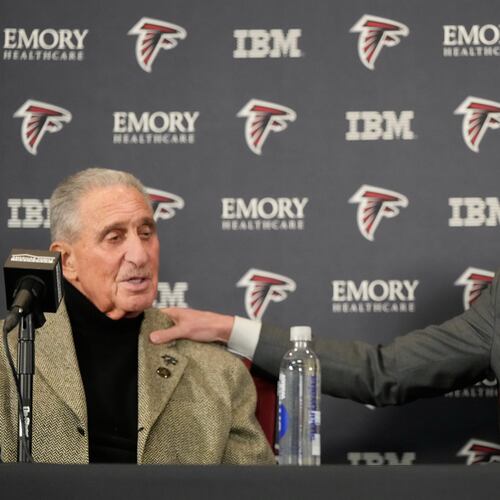 Falcons owner Arthur Blank (left) attends a news conference with the organization’s new president of football Matt Ryan on Tuesday, Jan. 13, 2026, in Flowery Branch. The team has plans to interview four candidates for its open general manager position, according to multiple reports. (Brynn Anderson/AP)