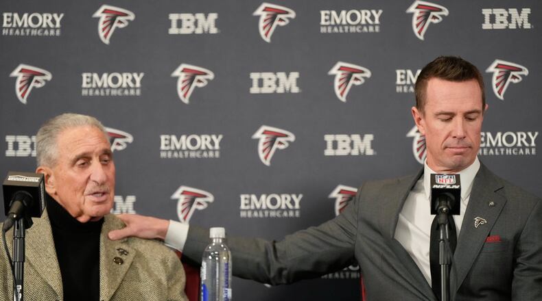 Falcons owner Arthur Blank (left) attends a news conference with the organization’s new president of football Matt Ryan on Tuesday, Jan. 13, 2026, in Flowery Branch. The team has plans to interview four candidates for its open general manager position, according to multiple reports. (Brynn Anderson/AP)