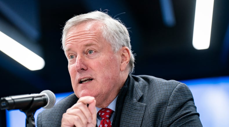 FILE — Former White House chief of staff Mark Meadows during a forum in Washington, Nov. 14, 2022. A battle to move the Georgia racketeering case against former President Donald Trump and his allies to federal court began in earnest on Monday, Aug. 28, 2023, when lawyers for Mark Meadows made their arguments in favor of a move before a federal judge in Atlanta. (Al Drago/The New York Times)