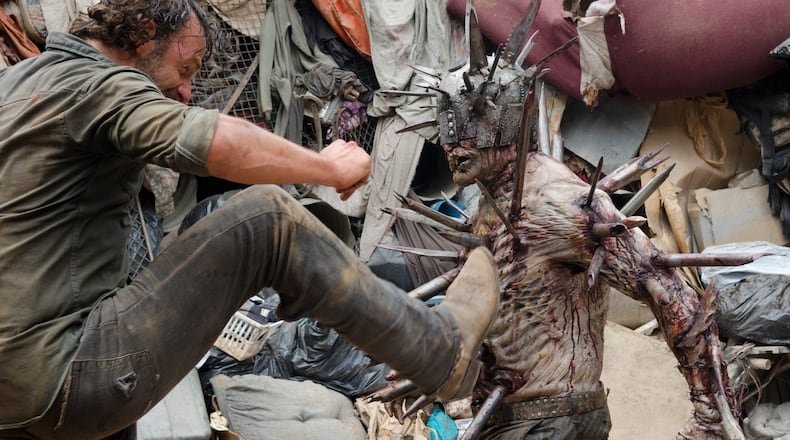 Andrew Lincoln as Rick Grimes, Gino Crognale as Walker on the set of "The Walking Dead" at Riverwood Studios AKA Raleigh Studios Atlanta Photo Credit: Gene Page/AMC