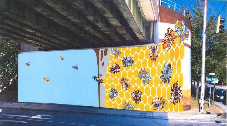 The Kirkwood mural, “Kirkwood Hive,” by artist Allen Peterson is shown as a rendering. Courtesy Atlanta councilwoman Natalyn Archibong’s office.