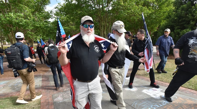 April 21, 2018 Newnan - The National Socialist Movement holds a rally at Greenville Street Park in downtown Newnan on Saturday, April 21, 2018. HYOSUB SHIN / HSHIN@AJC.COM