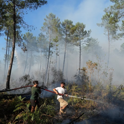 A group hold a firehose and try to suppress a fire near Lacanau, as wildfires rage outside Bordeaux, France, Monday, July 27, 2026. (AP Photo/Baz Ratner)