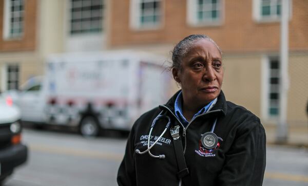 May 21, 2020 Atlanta: 30-year veteran, Grady EMS, paramedic field training officer, Christy Wheeler.  JOHN SPINK/JSPINK@AJC.COM