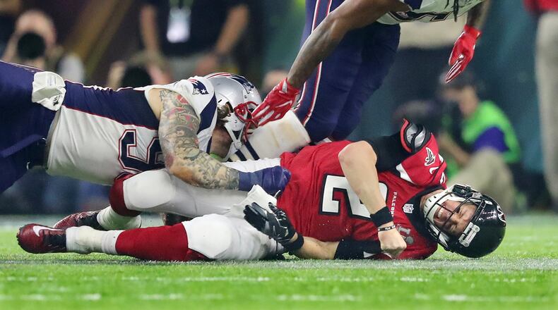 Falcons quarterback Matt Ryan is sacked by the Patriots Dont’a Hightower forcing a catastrophic fumble during the fourth quarter of the Super Bowl. (Curtis Compton / ccompton@ajc.com)