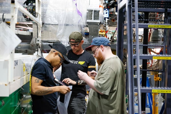 Mechanical engineers are assembling the Quarterhorse Mk 2 aircraft at Hermeus’s Doraville facility on Tuesday, May 12, 2026. Hermeus, a company specializing in supersonic aircraft, aims to carry out its third test of an uncrewed, remotely piloted aircraft this coming fall. (Miguel Martinez/AJC)
