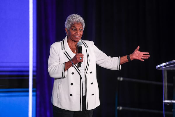 Former Atlanta Mayor Shirley Franklin talks during the Delta building dedication event at Delta headquarters in Atlanta, Georgia on  Monday, June 24, 2024.  (Ziyu Julian Zhu / AJC)