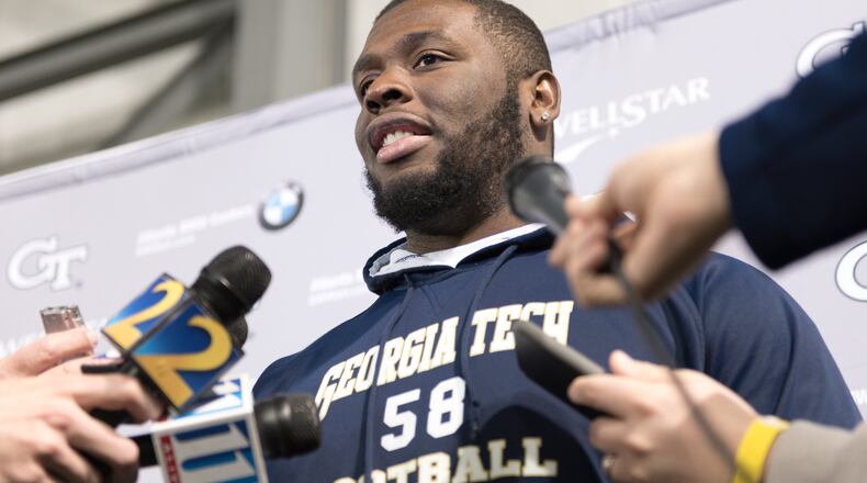 March 17, 2017, Atlanta - Former Georgia Tech offensive lineman Freddie Burden (58) speaks with reporters during Pro Day at the Georgia Tech Mary R. & John F. Brock practice facility in Atlanta, Georgia, on Friday, March 17, 2017. (DAVID BARNES / SPECIAL)