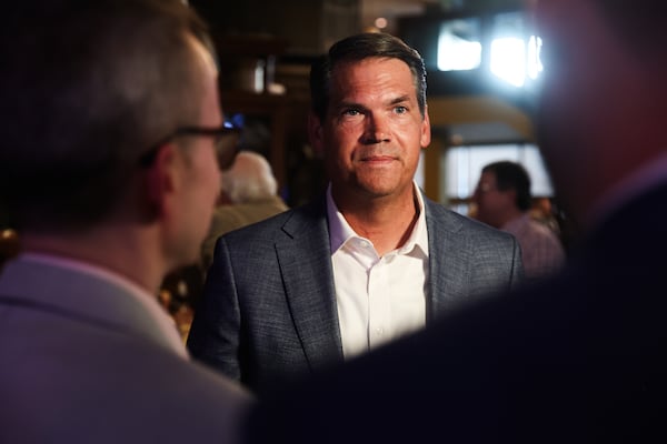 Former Lt. Gov. Geoff Duncan greets supporters at Fado Irish Pub in Buckhead during his election night watch party in Atlanta on Tuesday, May 19, 2026. (Abbey Cutrer/AJC)